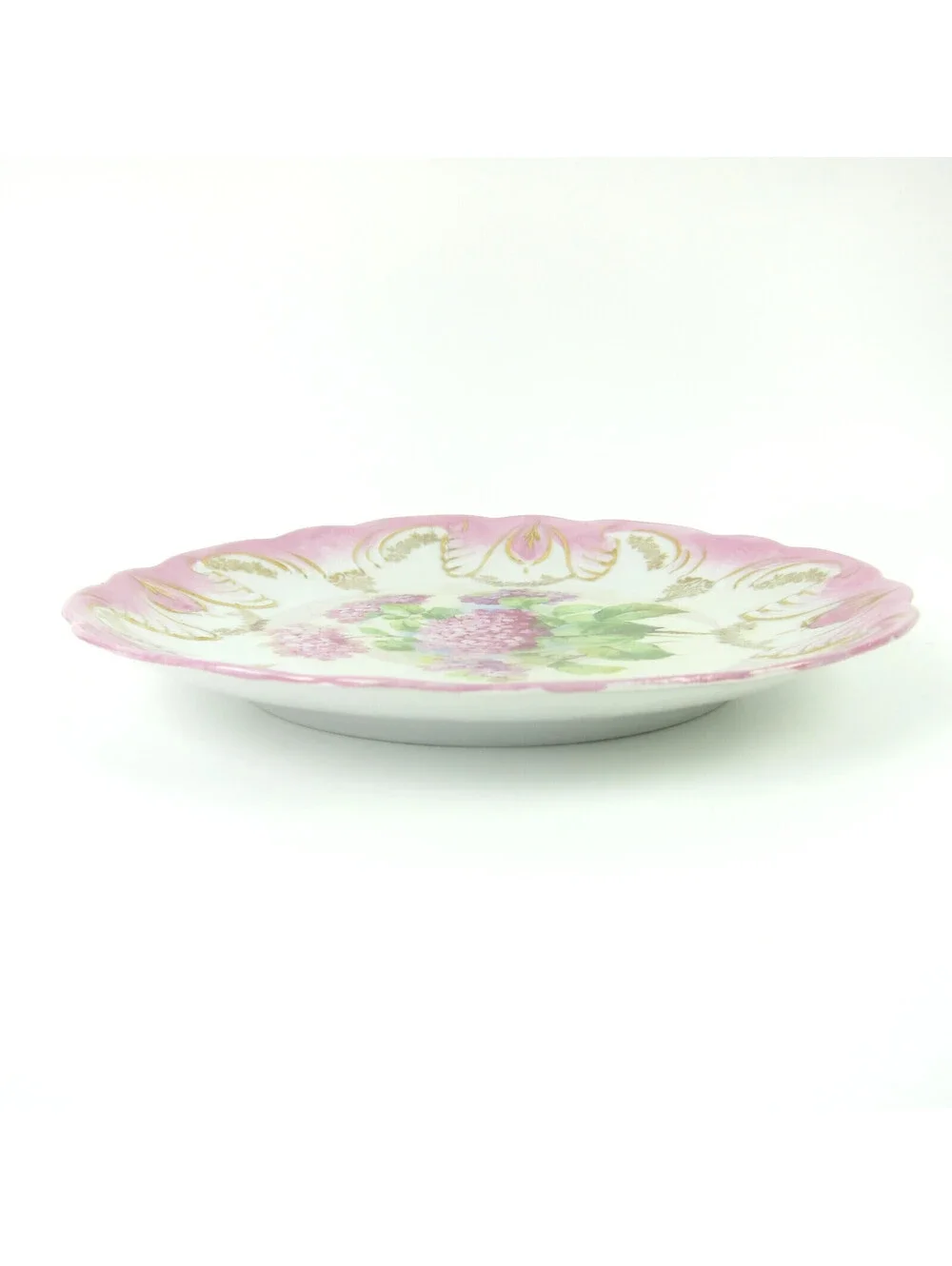 Antique Porcelain Plate Hydrangea Flowers Pink Rim Gold Accents 8